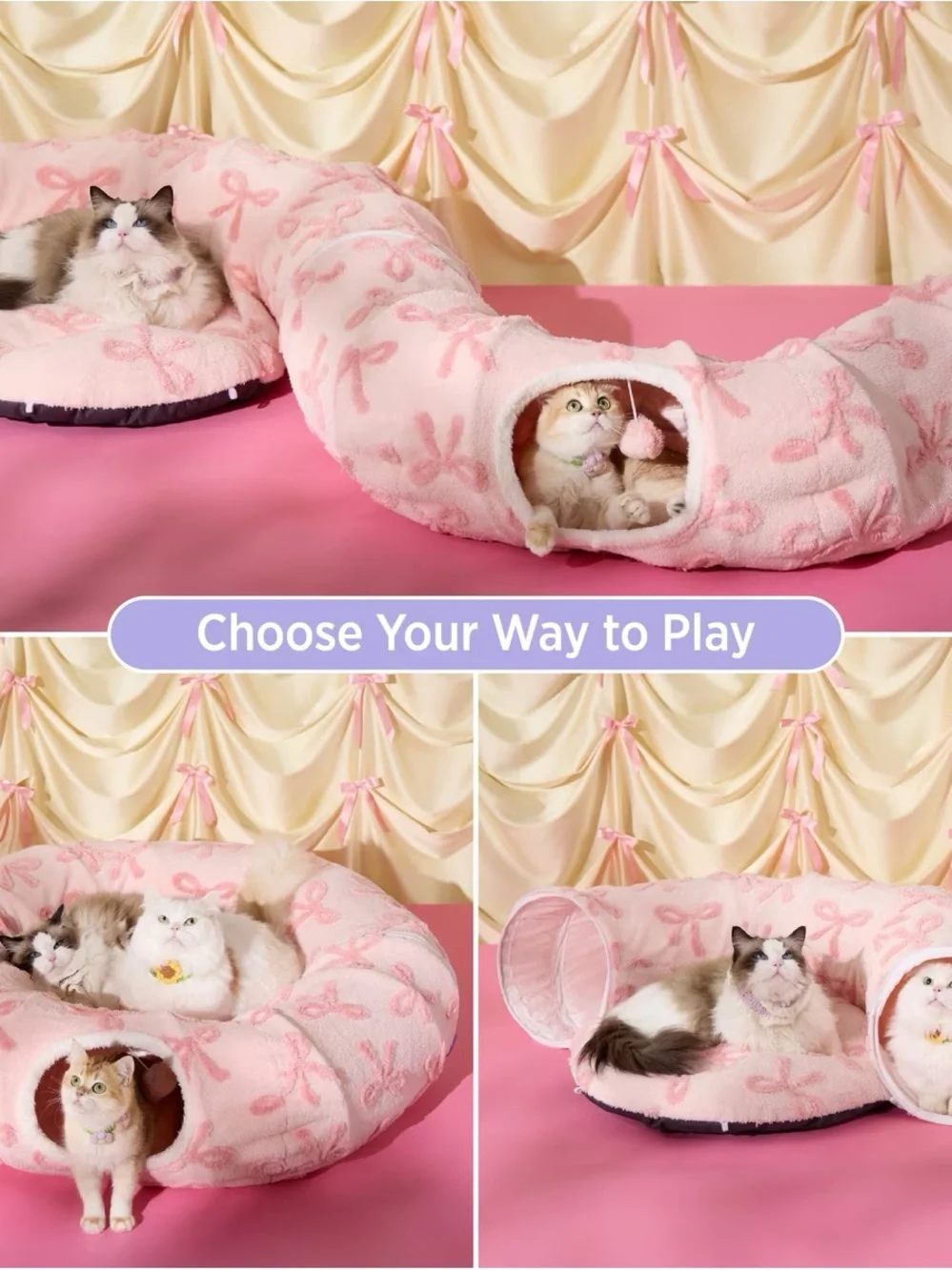 BEDSURE PINK BOWS CAT TUNNEL 💕🐈‍⬛